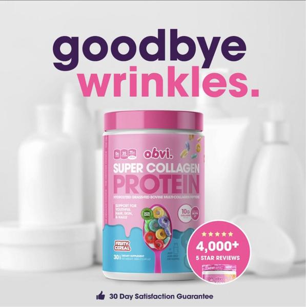 A square-format ad creative for Super Collagen Protein that uses a bold, direct headline combined with social proof to capture attention.